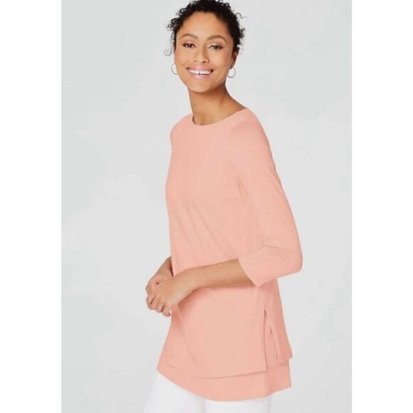 J. Jill Pure Jill Boat-neck Layered Tunic Top Pink Cotton Modal Women's Petite M - Picture 2 of 6